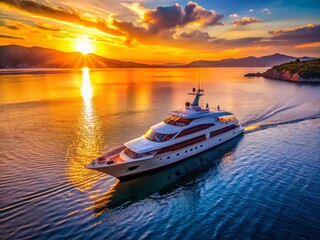 Fototapeta premium Golden Sunset, Private Yacht, Saronic Gulf, Aegina Island, Greece