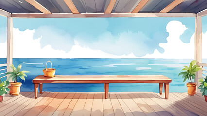 Fototapeta premium Seaside Veranda Watercolor Illustration with Ocean View and Relaxing Atmosphere