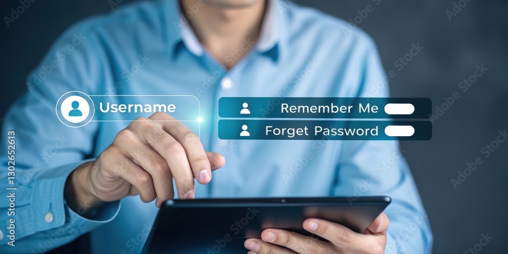 Poster a person enters their username and password on a tablet, with options for 