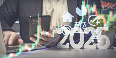 Comprehensive Financial Planning for 2025: Businessman with Smartphone, Data Visualizations, and Financial Symbols