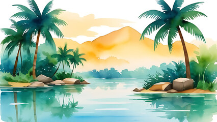 Watercolor Painting of Tropical Island Scenery with Palm Trees and Water