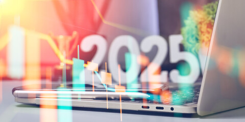 Modern Financial Analysis Concept with Technology Integration - Candlestick Chart Overlay on Digital Devices for 2025 Business Trends