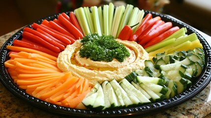 Vibrant vegetable platter with creamy hummus, a healthy and colorful appetizer