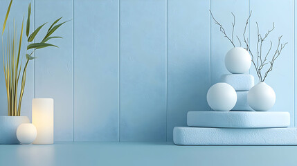 Serene Blue and White Minimalist Scene with Spheres and Bamboo