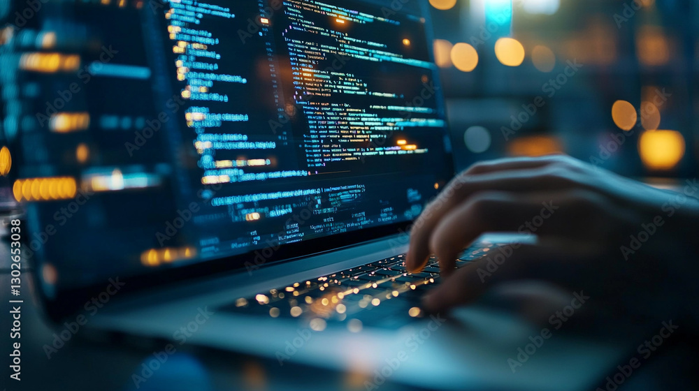 Poster closeup programmer hands typing code on laptop at night web data work blue dark light cyber coding