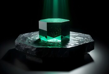 Geometric Black Stone Pedestal Green Light Beam, Abstract Display Platform, Modern Presentation Stage, Product Showcase