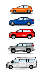 set of car sedan mpv suv van side view vector
