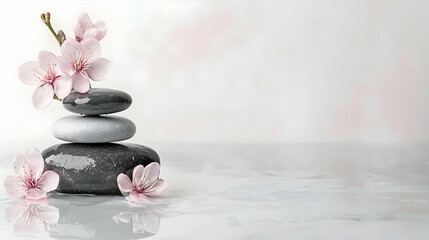 Stack of Grey and White Stones with Pink Flowers on a Reflective Surface