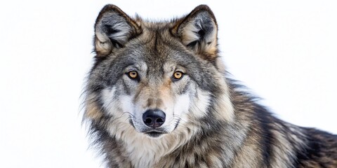 Obraz premium Gray Wolf, Alert, Isolated, White Background, Thick Fur, Keen Eyes, Drone Photography Stock Photo