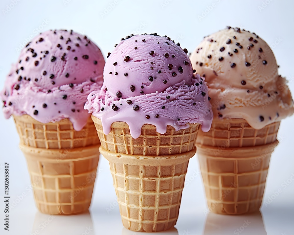Poster a trio of colorful and dripping ice cream scoops in a glowing waffle cone on a clean white backgroun