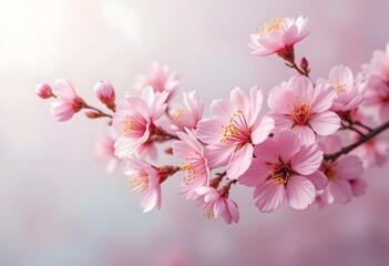 Obraz premium Delicate Pink Cherry Blossoms Branch Soft Light Spring Floral Bloom Gentle. Valentines day love background