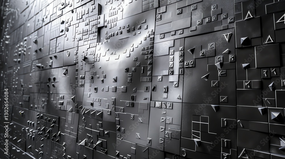 Poster a futuristic, abstract image of a wall covered in tiles with different geometric shapes and patterns