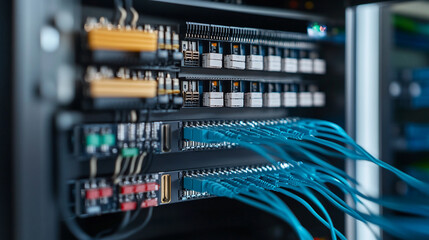 Modern data center network server rack with blue fiber optic cables web fast cloud speed system