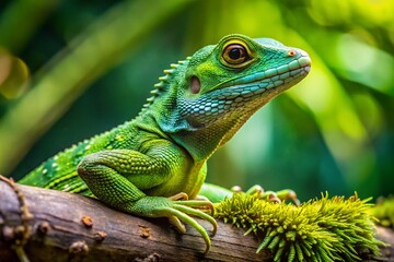 Fototapeta premium Green Lizard Sunbathing on Branch - Reptile Wildlife Stock Photo