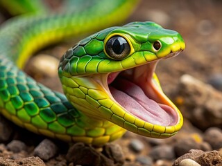 Fototapeta premium Green Mexican Parrot Snake Open Mouth Dry Ground Stock Photo