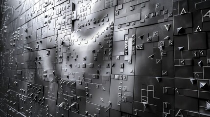 A  futuristic, abstract image of a wall covered in tiles with different geometric shapes and patterns.