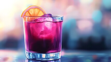 Refreshing ruby cocktail with ice and citrus garnish, artistic vibrant painting