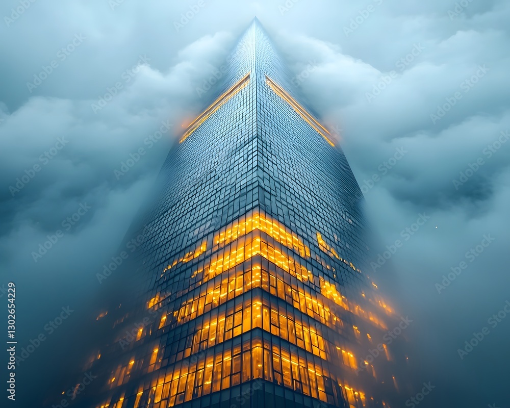 Poster glowing angular skyscraper with dramatic cloud reflections in reflective facade