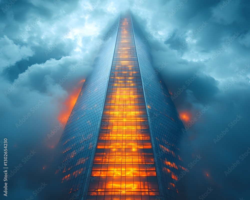 Poster glowing angular skyscraper with dynamic cloud reflections in moody stormy sky