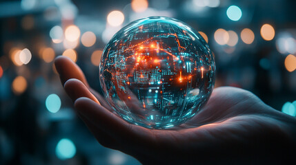 Fototapeta premium Crystal ball digital world in hand futuristic technology concept data glow blue globe light glass