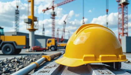 Close-up of a yellow safety helmet on a busy construction site with industrial equipment