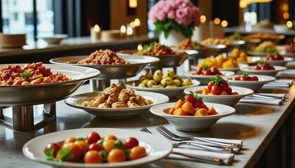 Fototapeta premium Elegant high-end buffet table filled with gourmet dishes and fancy silverware