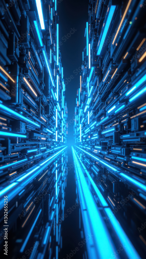 Aufkleber futuristic computer-generated tunnel with vibrant blue lights representing a complex data network or