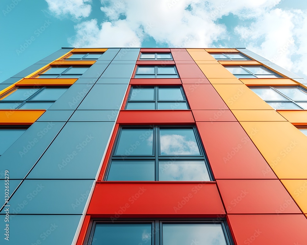 Poster vibrant skyscraper with angular design and reflecting clouds in the sky