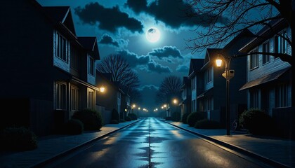Quiet street under moonlight creating an atmosphere of mystery and suspense