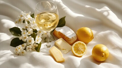 Elegant cheese and wine arrangement with fresh lemons and flowers