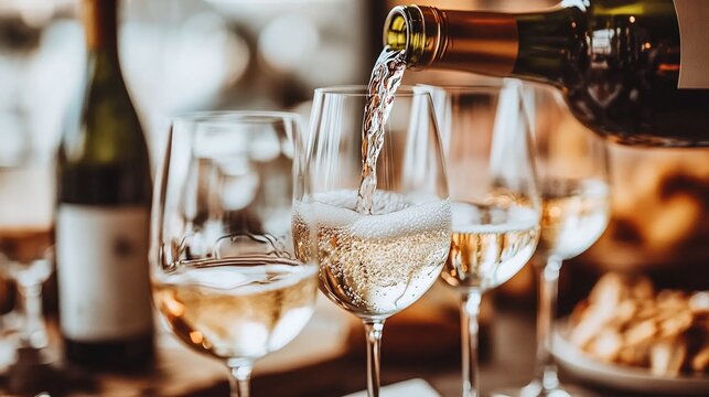 pouring white wine into glasses at a wedding, celebration