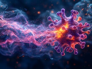 Vibrant Neon Virus Particle Surrounded by Swirling Waves of Light and Shadow Symbolizing Motion and Impact