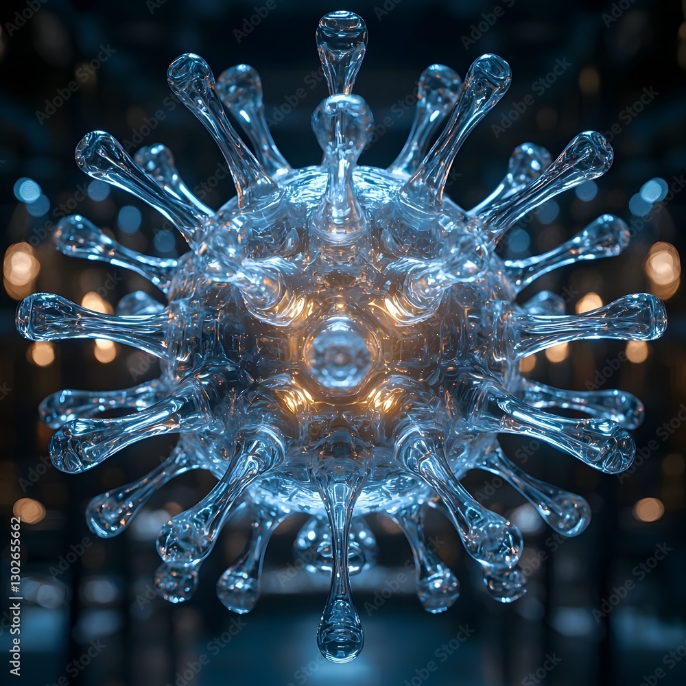 Poster luminous viral particle radiating soft light in a dark void scientific abstract concept