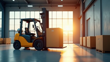 Forklift lifting box, Vibrant industrial scene Forklift lifting a box under midday sunlight with intricate detail minimalist background.