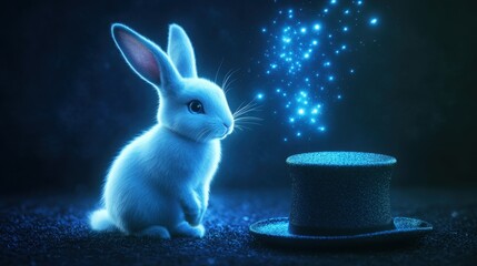 Enchanting White Rabbit with Magical Sparkles Next to a Sophisticated Top Hat in a Mysterious Dark Atmosphere