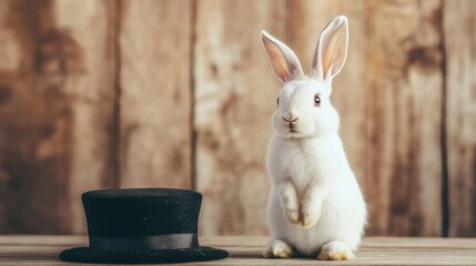 Charming White Rabbit in a Top Hat Sitting on a Rustic Wooden Surface Surrounded by a Warm, Natural Brown Background in a Cute and Playful Pose