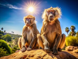 Naklejka premium Hamadryas Baboons Perched on Rock - African Wildlife Documentary Photography