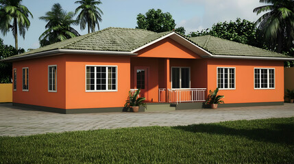 Orange One Story House with Tropical Landscaping