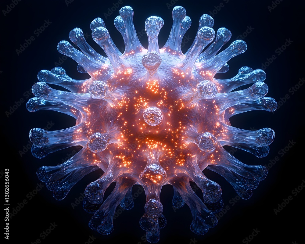 Poster glowing translucent virus particle reflecting kaleidoscopic light on dark background