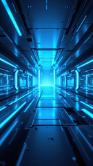 Obraz premium Futuristic tunnel with blue neon lights representing a digital or cybernetic environment often associated with CI/CD pipelines, Docker containers, Kubernetes clusters, and DevOps concepts.