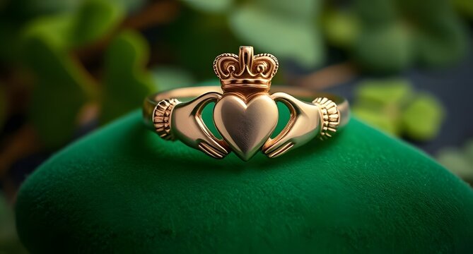 Elegant gold Claddagh ring with heart, crown, and hands design on green velvet background, symbolizing love, loyalty, and friendship.