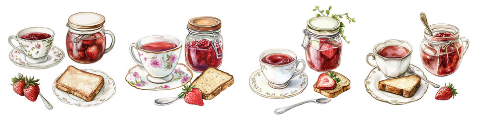 charming illustration of tea cups, jam jars, and toast with strawberries, evoking cozy tea time setting. delicate floral patterns on cups add vintage touch to scene