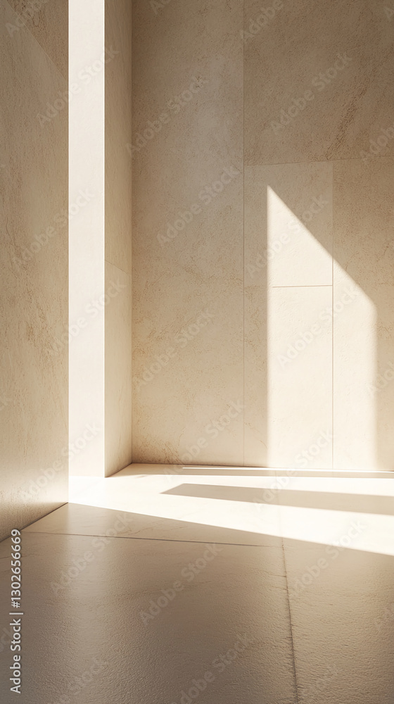 Poster minimalist interior with light streaming through skylights, casting shadows on the floor, creating a