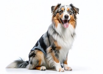 Fototapeta premium Happy Blue Merle Aussie Shepherd Dog Sitting, Panting, Isolated on White Background