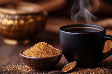 Warm cup of coffee with raw sugar served in a cozy setting perfect for a relaxing afternoon