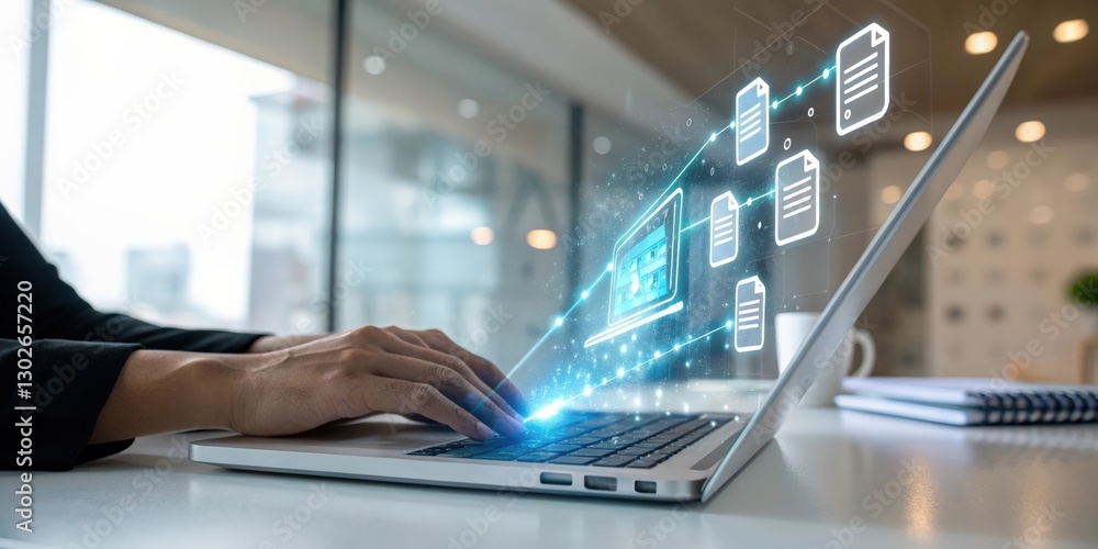 Poster a person types on a laptop with digital data visualizations emerging from the screen, symbolizing te