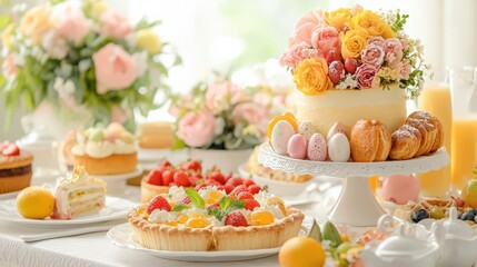 Elegant dessert table with flowers and pastries