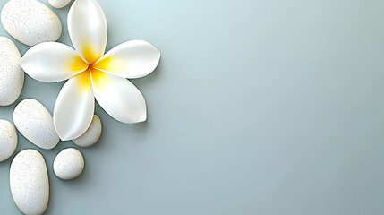 White Plumeria Flower and Smooth Stones on Soft Blue Background