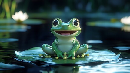 Cheerful Frog Lounging on Vibrant Lily Pad in Sun-Drenched Pond | Nature's Delight
