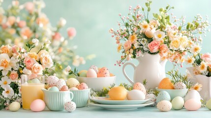 Vibrant Easter brunch table featuring homemade dishes and cheerful decorations. 8k, very detail,